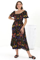 Shira Midi Dress - On Or Off Shoulder Elasticated Bodice Dress With Short Balloon Sleeves In Ayla Print Black