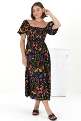 Shira Midi Dress - On Or Off Shoulder Elasticated Bodice Dress With Short Balloon Sleeves In Ayla Print Black