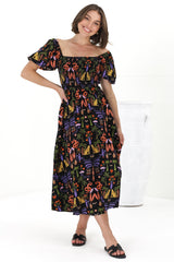 Shira Midi Dress - On Or Off Shoulder Elasticated Bodice Dress With Short Balloon Sleeves In Ayla Print Black