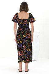 Shira Midi Dress - On Or Off Shoulder Elasticated Bodice Dress With Short Balloon Sleeves In Ayla Print Black