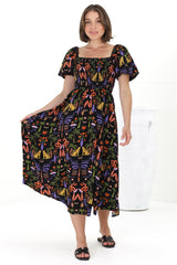 Shira Midi Dress - On Or Off Shoulder Elasticated Bodice Dress With Short Balloon Sleeves In Ayla Print Black