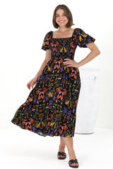 Shira Midi Dress - On Or Off Shoulder Elasticated Bodice Dress With Short Balloon Sleeves In Ayla Print Black