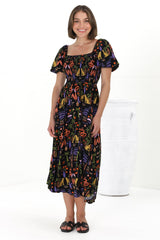 Shira Midi Dress - On Or Off Shoulder Elasticated Bodice Dress With Short Balloon Sleeves In Ayla Print Black