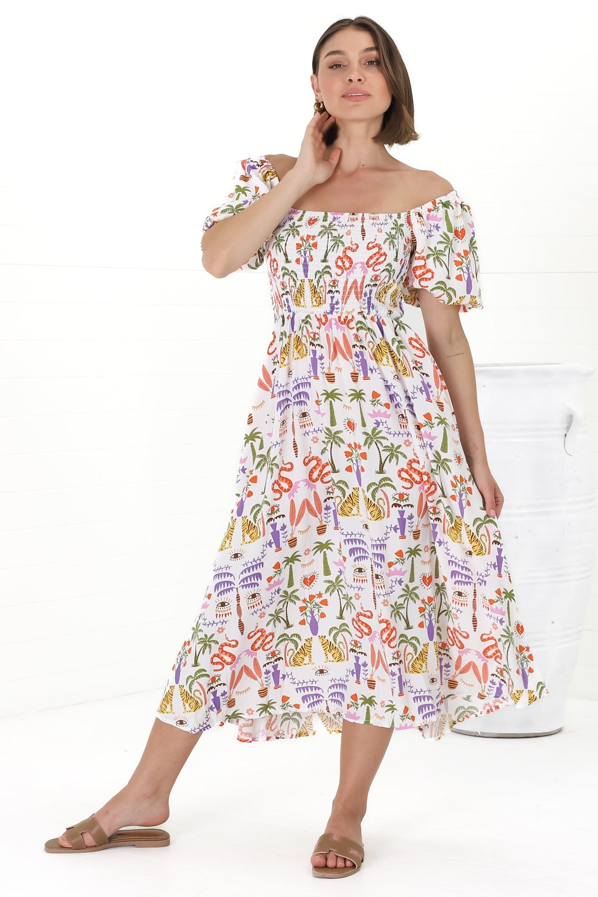 Shira Midi Dress - On Or Off Shoulder Elasticated Bodice Dress With Short Balloon Sleeves In Ayla Print White