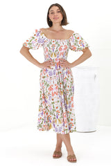 Shira Midi Dress - On Or Off Shoulder Elasticated Bodice Dress With Short Balloon Sleeves In Ayla Print White