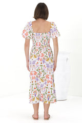 Shira Midi Dress - On Or Off Shoulder Elasticated Bodice Dress With Short Balloon Sleeves In Ayla Print White