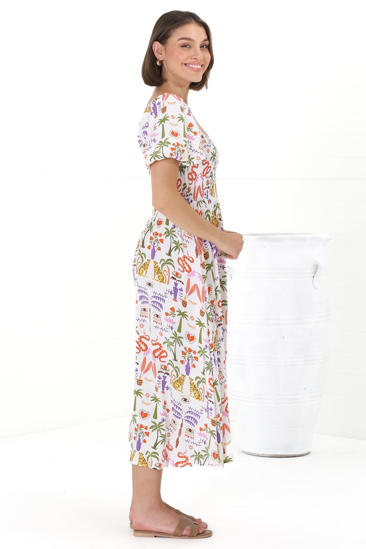 Shira Midi Dress - On Or Off Shoulder Elasticated Bodice Dress With Short Balloon Sleeves In Ayla Print White