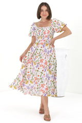 Shira Midi Dress - On Or Off Shoulder Elasticated Bodice Dress With Short Balloon Sleeves In Ayla Print White