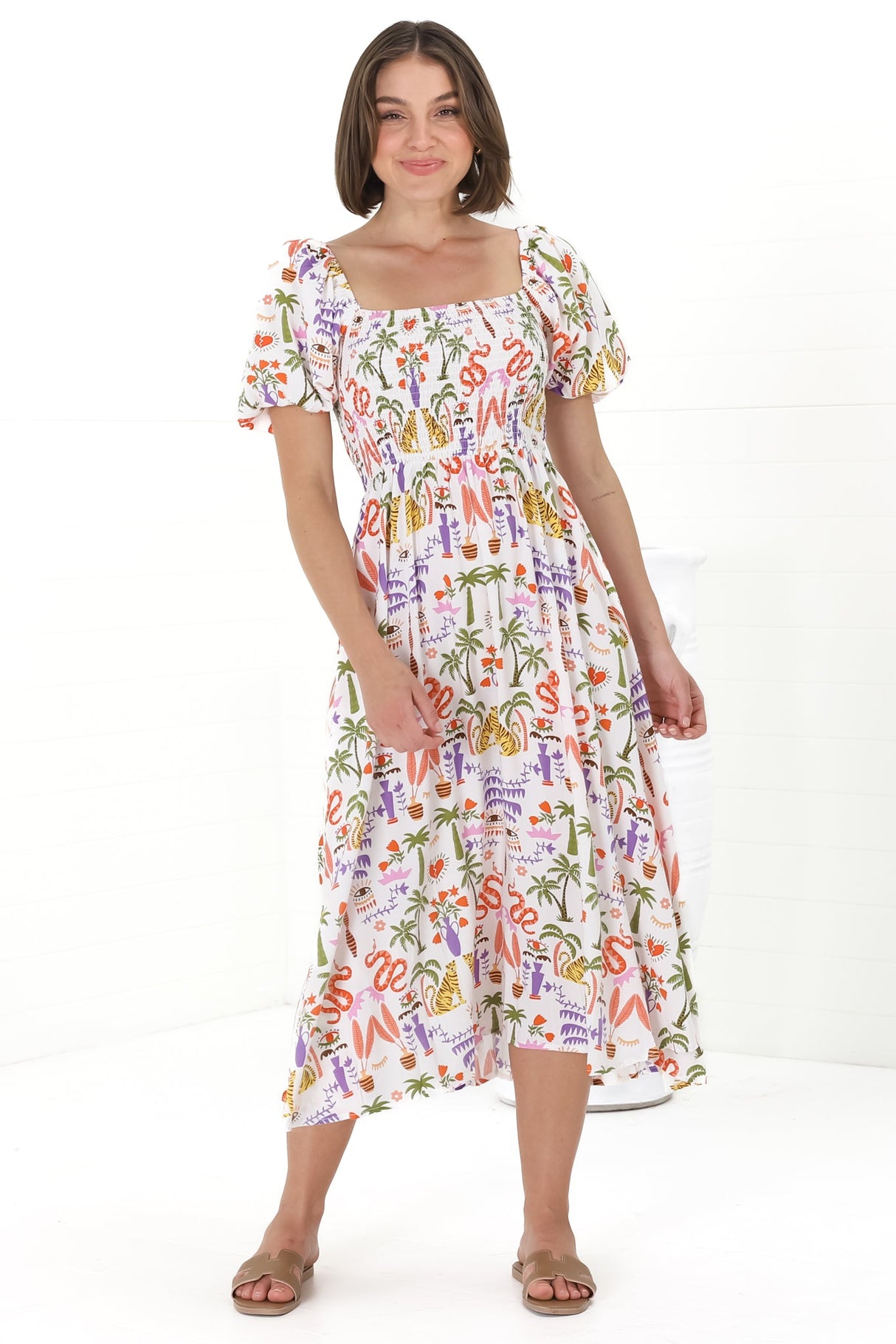 Shira Midi Dress - On Or Off Shoulder Elasticated Bodice Dress With Short Balloon Sleeves In Ayla Print White