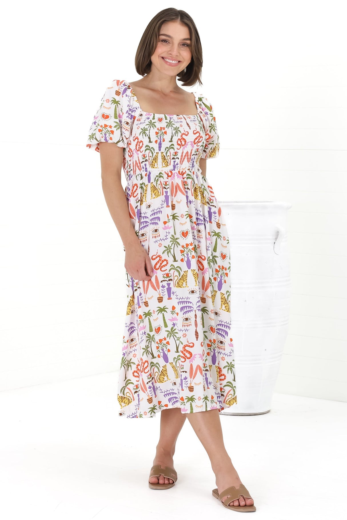 Shira Midi Dress - On Or Off Shoulder Elasticated Bodice Dress With Short Balloon Sleeves In Ayla Print White