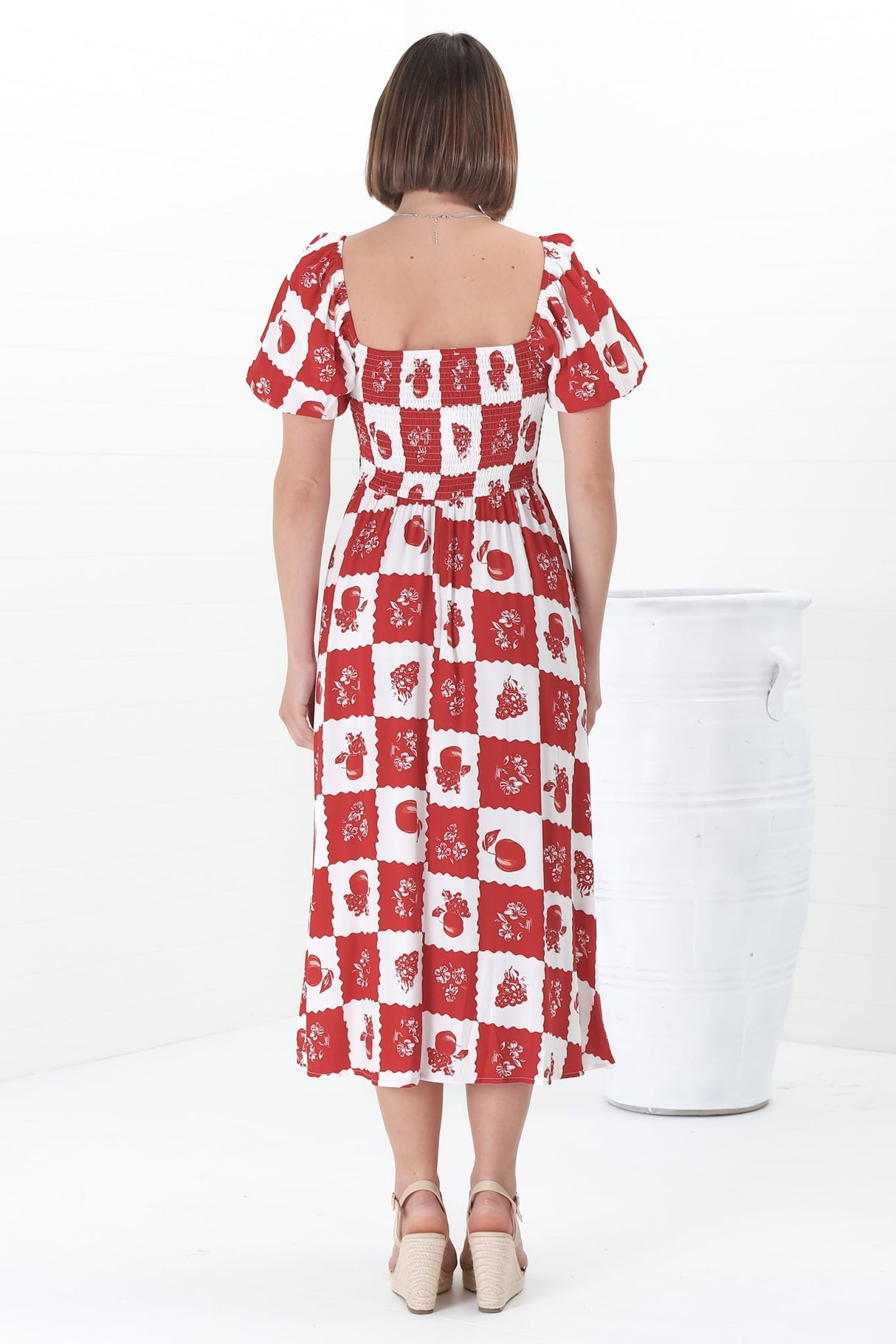 Shira Midi Dress - On Or Off Shoulder Elasticated Bodice Dress With Short Balloon Sleeves In Flux Print Red