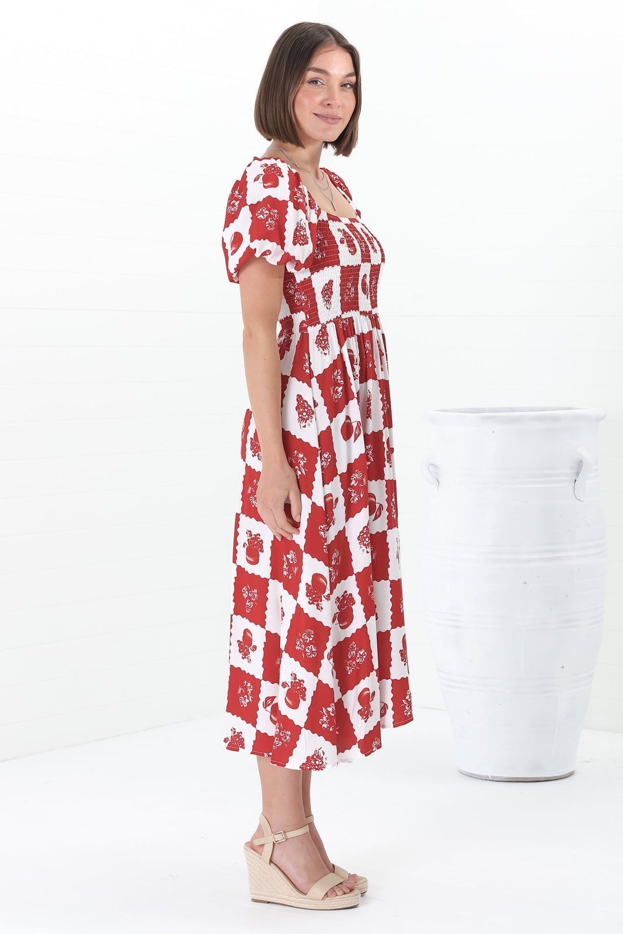 Shira Midi Dress - On Or Off Shoulder Elasticated Bodice Dress With Short Balloon Sleeves In Flux Print Red