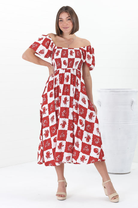 Shira Midi Dress - On Or Off Shoulder Elasticated Bodice Dress With Short Balloon Sleeves In Flux Print Red