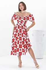 Shira Midi Dress - On Or Off Shoulder Elasticated Bodice Dress With Short Balloon Sleeves In Flux Print Red