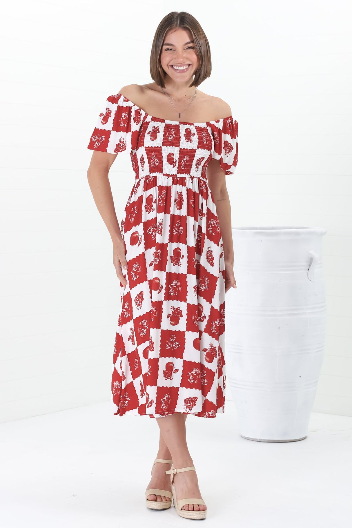 Shira Midi Dress - On Or Off Shoulder Elasticated Bodice Dress With Short Balloon Sleeves In Flux Print Red