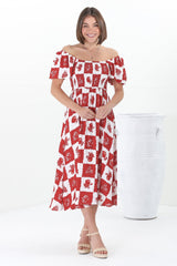 Shira Midi Dress - On Or Off Shoulder Elasticated Bodice Dress With Short Balloon Sleeves In Flux Print Red