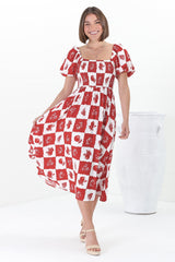 Shira Midi Dress - On Or Off Shoulder Elasticated Bodice Dress With Short Balloon Sleeves In Flux Print Red