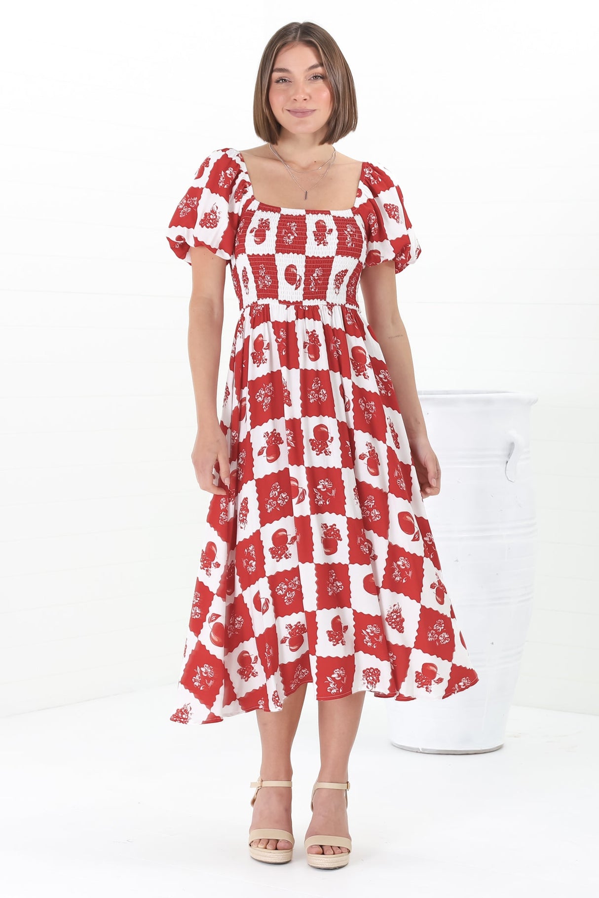 Shira Midi Dress - On Or Off Shoulder Elasticated Bodice Dress With Short Balloon Sleeves In Flux Print Red