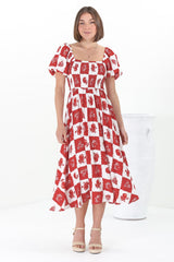 Shira Midi Dress - On Or Off Shoulder Elasticated Bodice Dress With Short Balloon Sleeves In Flux Print Red