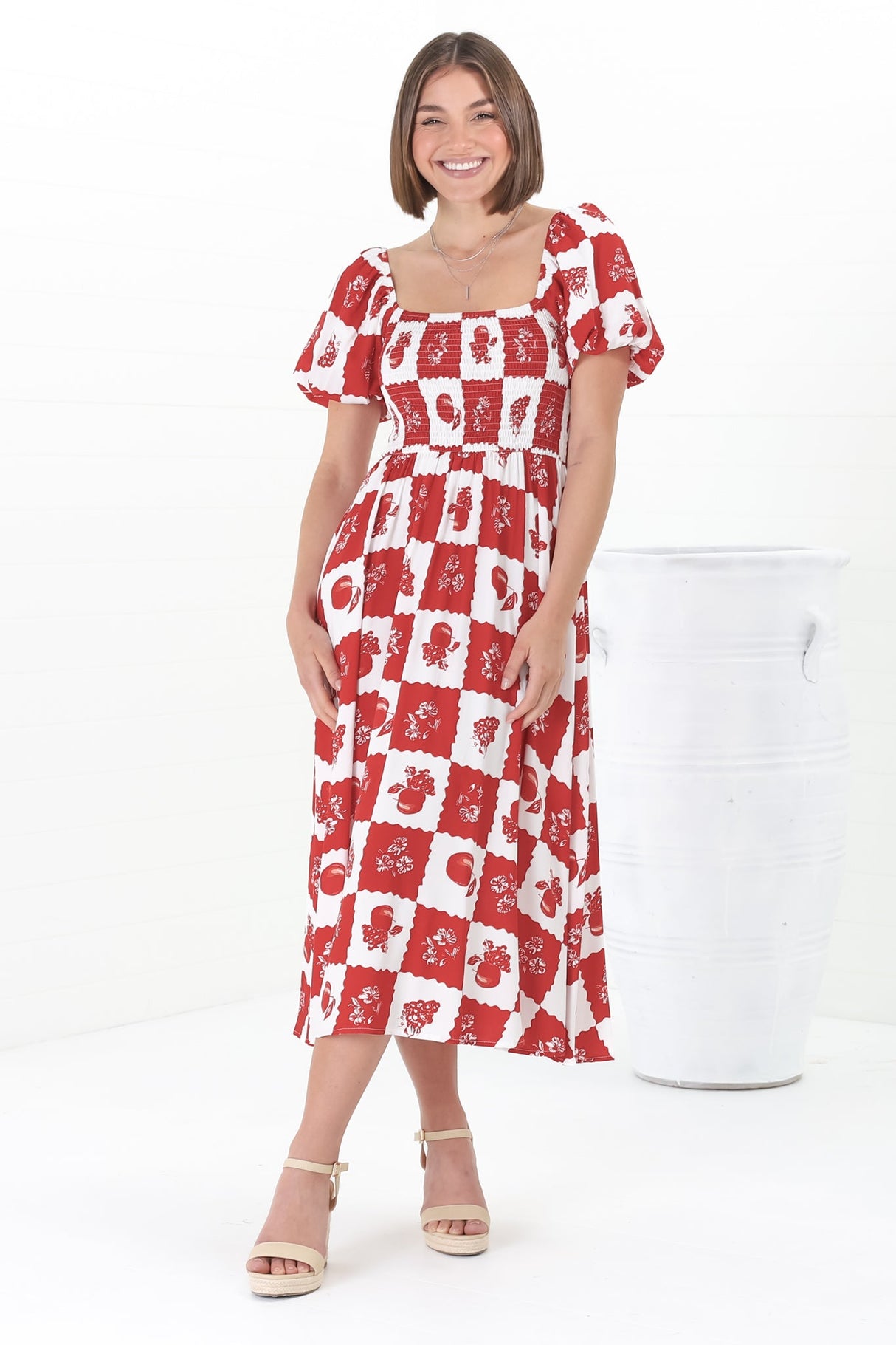 Shira Midi Dress - On Or Off Shoulder Elasticated Bodice Dress With Short Balloon Sleeves In Flux Print Red