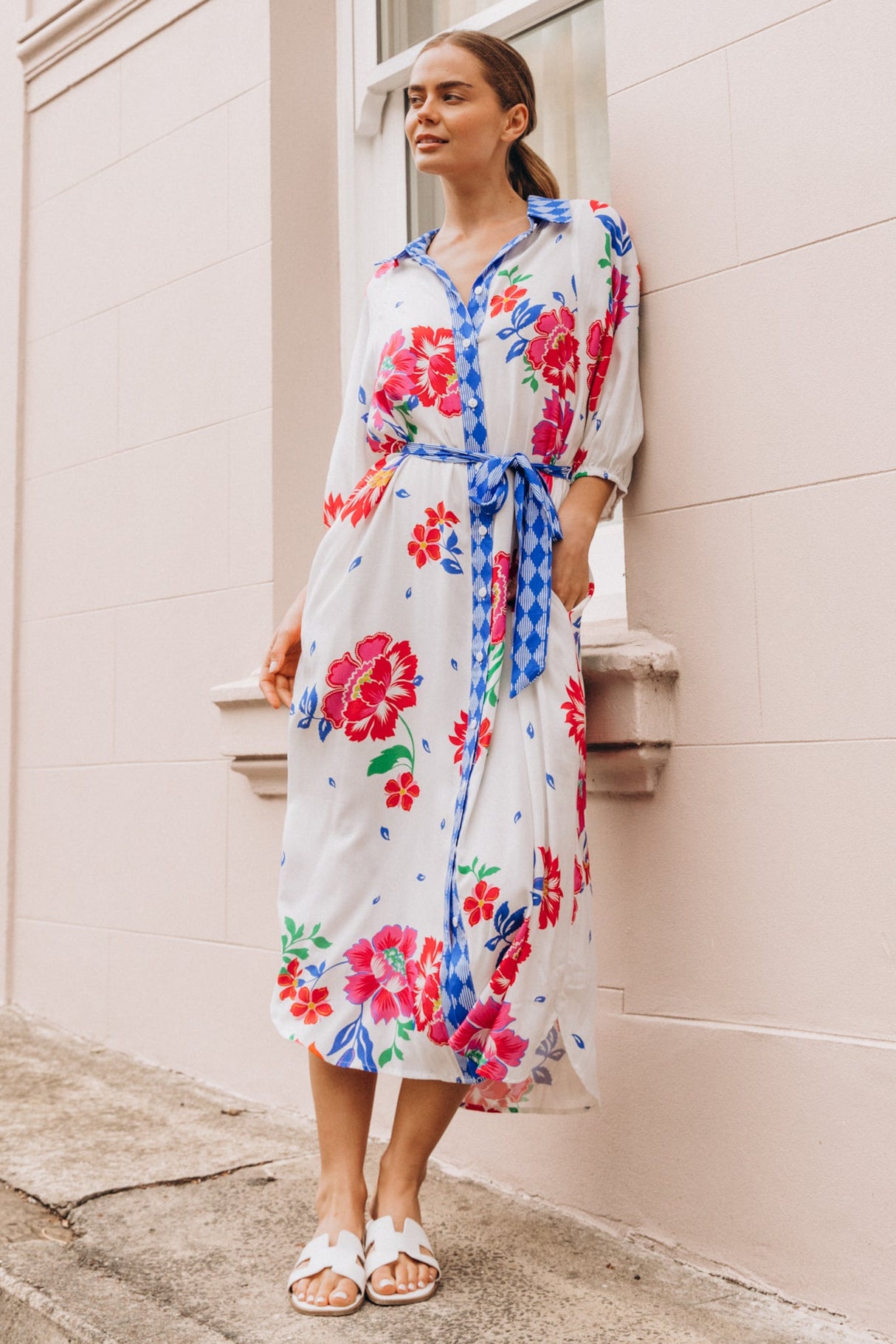 Shirley Midi Dress - Collared Button Down Shirt Dress with Belt in Kaimana Print