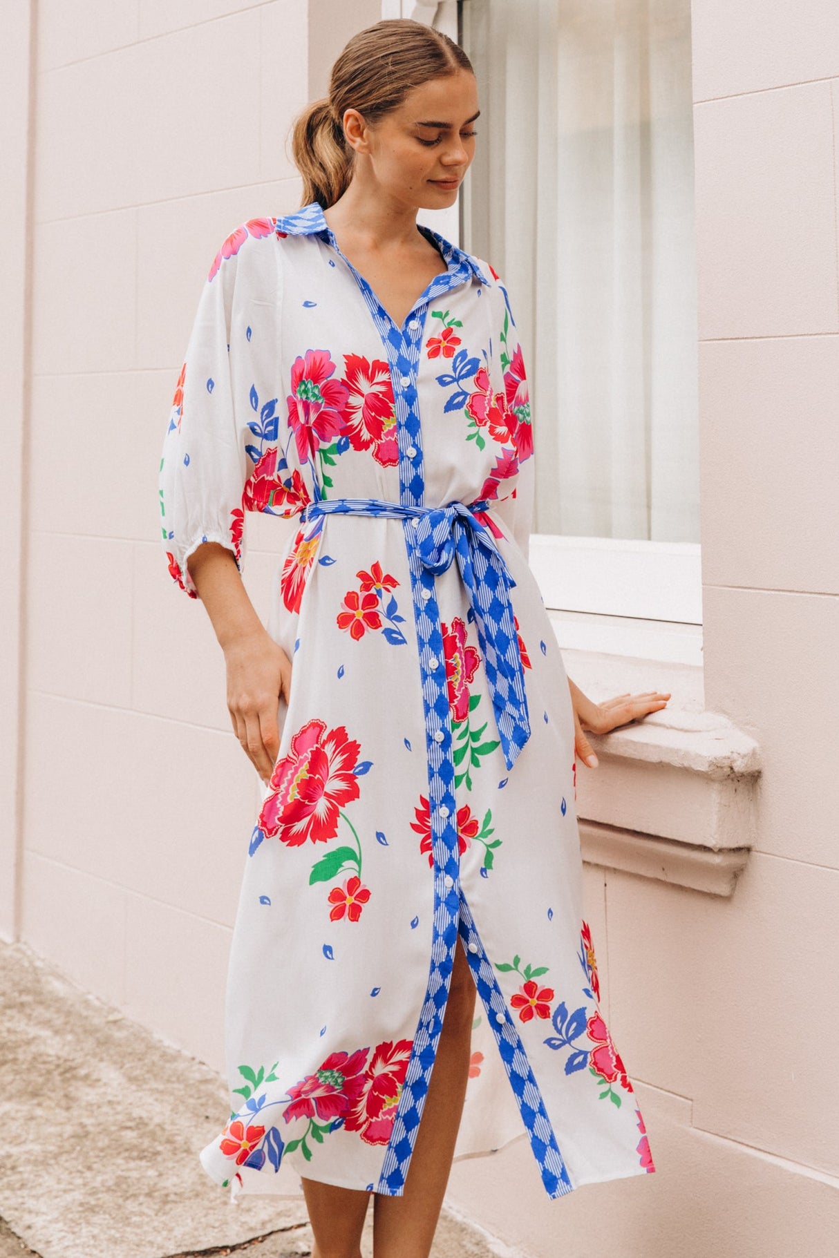 Shirley Midi Dress - Collared Button Down Shirt Dress with Belt in Kaimana Print