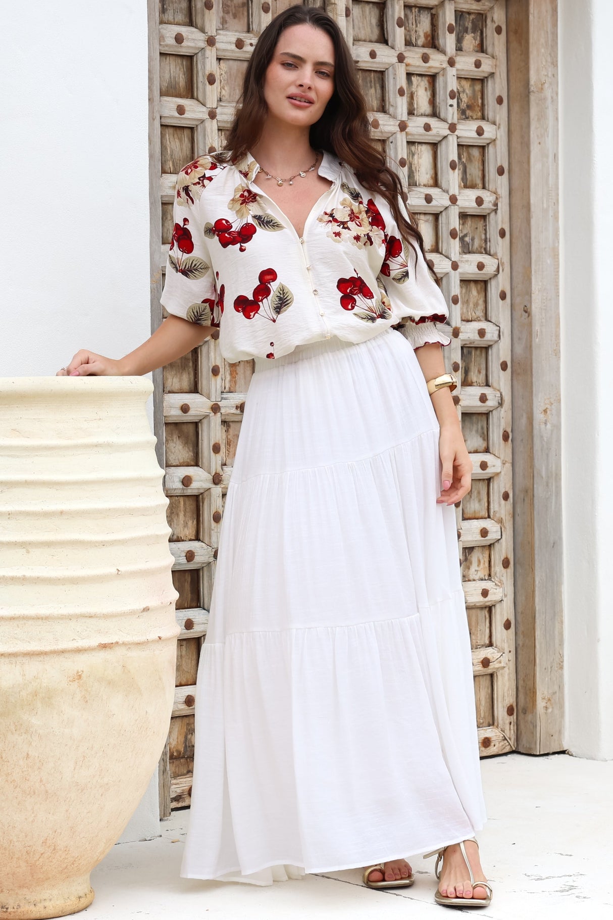 Shonnie Shirt - Mandarin Collar Button Down Short with Balloon Sleeves in Cherry Print