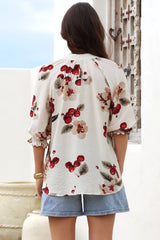 Shonnie Shirt - Mandarin Collar Button Down Short with Balloon Sleeves in Cherry Print