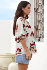 Shonnie Shirt - Mandarin Collar Button Down Short with Balloon Sleeves in Cherry Print