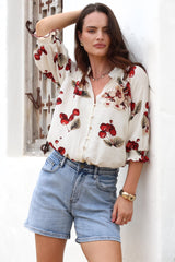 Shonnie Shirt - Mandarin Collar Button Down Short with Balloon Sleeves in Cherry Print