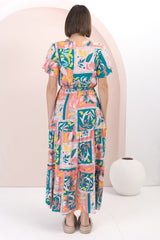 Shyla Maxi Dress: Pull Tie Waist A Line Dress with Rick Rack Splicing in Jaylie Print