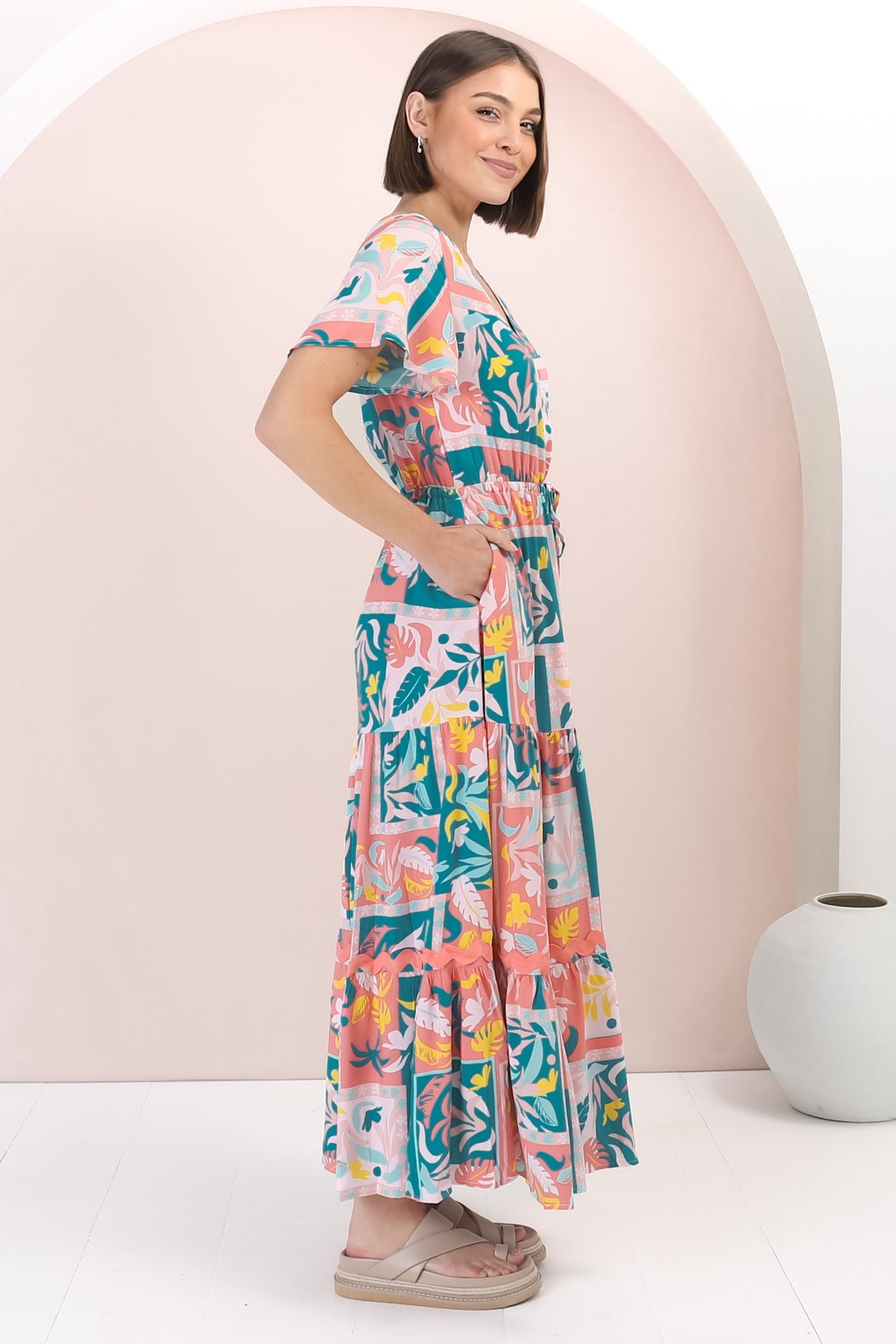 Shyla Maxi Dress: Pull Tie Waist A Line Dress with Rick Rack Splicing in Jaylie Print