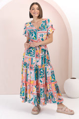 Shyla Maxi Dress: Pull Tie Waist A Line Dress with Rick Rack Splicing in Jaylie Print