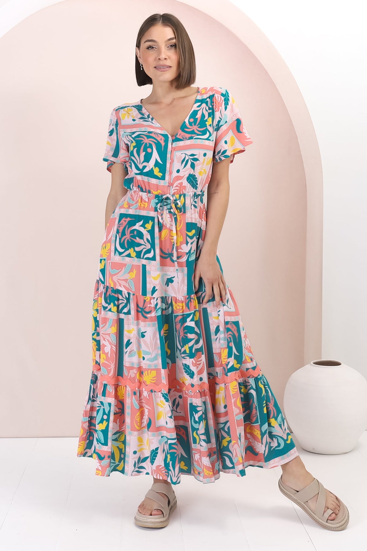 Shyla Maxi Dress: Pull Tie Waist A Line Dress with Rick Rack Splicing in Jaylie Print