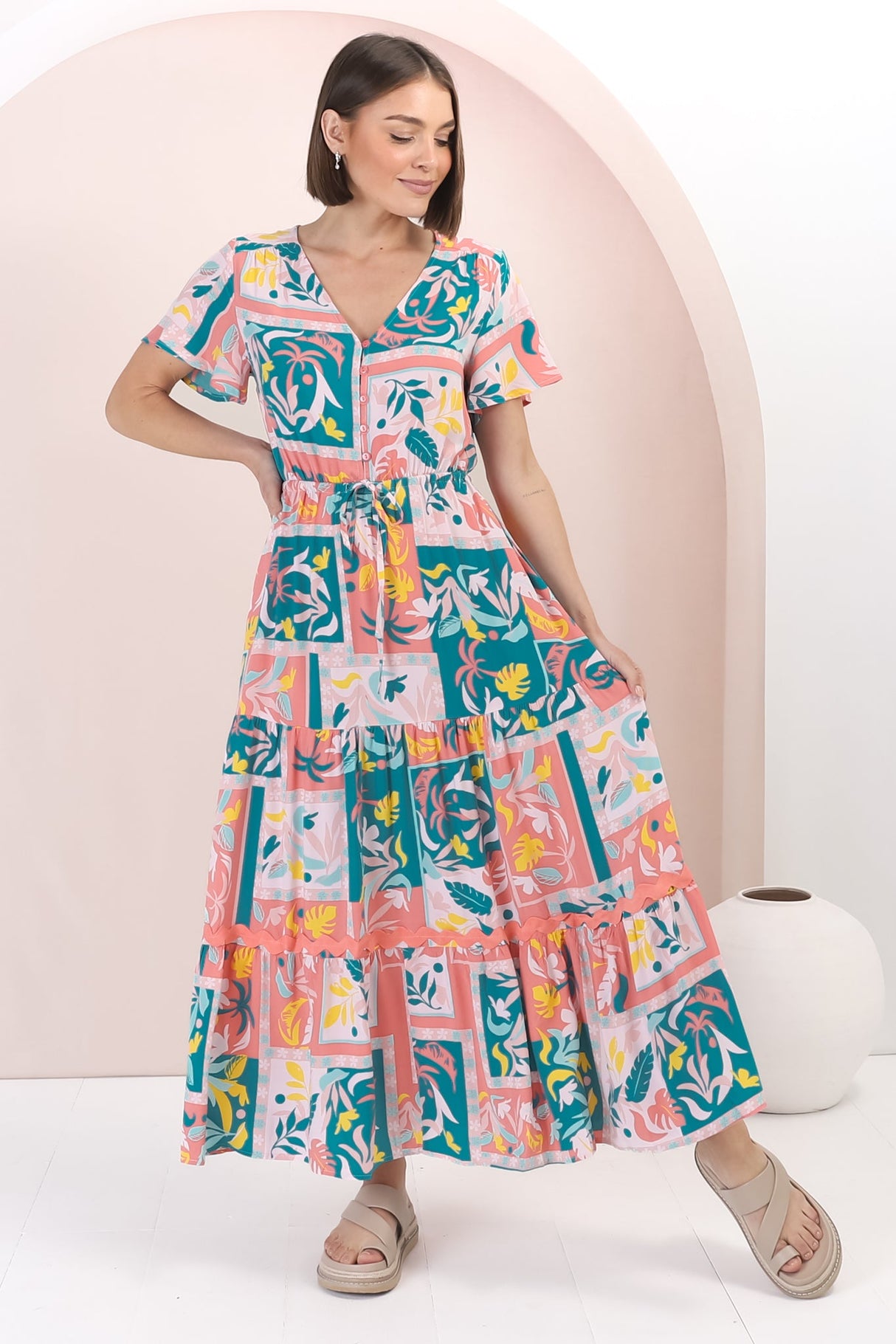 Shyla Maxi Dress: Pull Tie Waist A Line Dress with Rick Rack Splicing in Jaylie Print