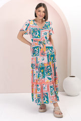 Shyla Maxi Dress: Pull Tie Waist A Line Dress with Rick Rack Splicing in Jaylie Print