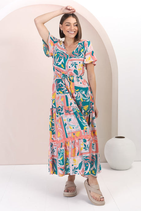 Shyla Maxi Dress: Pull Tie Waist A Line Dress with Rick Rack Splicing in Jaylie Print