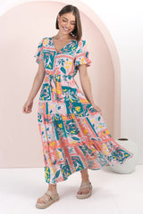 Shyla Maxi Dress: Pull Tie Waist A Line Dress with Rick Rack Splicing in Jaylie Print