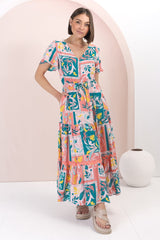 Shyla Maxi Dress: Pull Tie Waist A Line Dress with Rick Rack Splicing in Jaylie Print