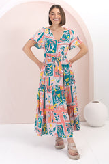 Shyla Maxi Dress: Pull Tie Waist A Line Dress with Rick Rack Splicing in Jaylie Print