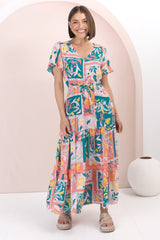 Shyla Maxi Dress: Pull Tie Waist A Line Dress with Rick Rack Splicing in Jaylie Print