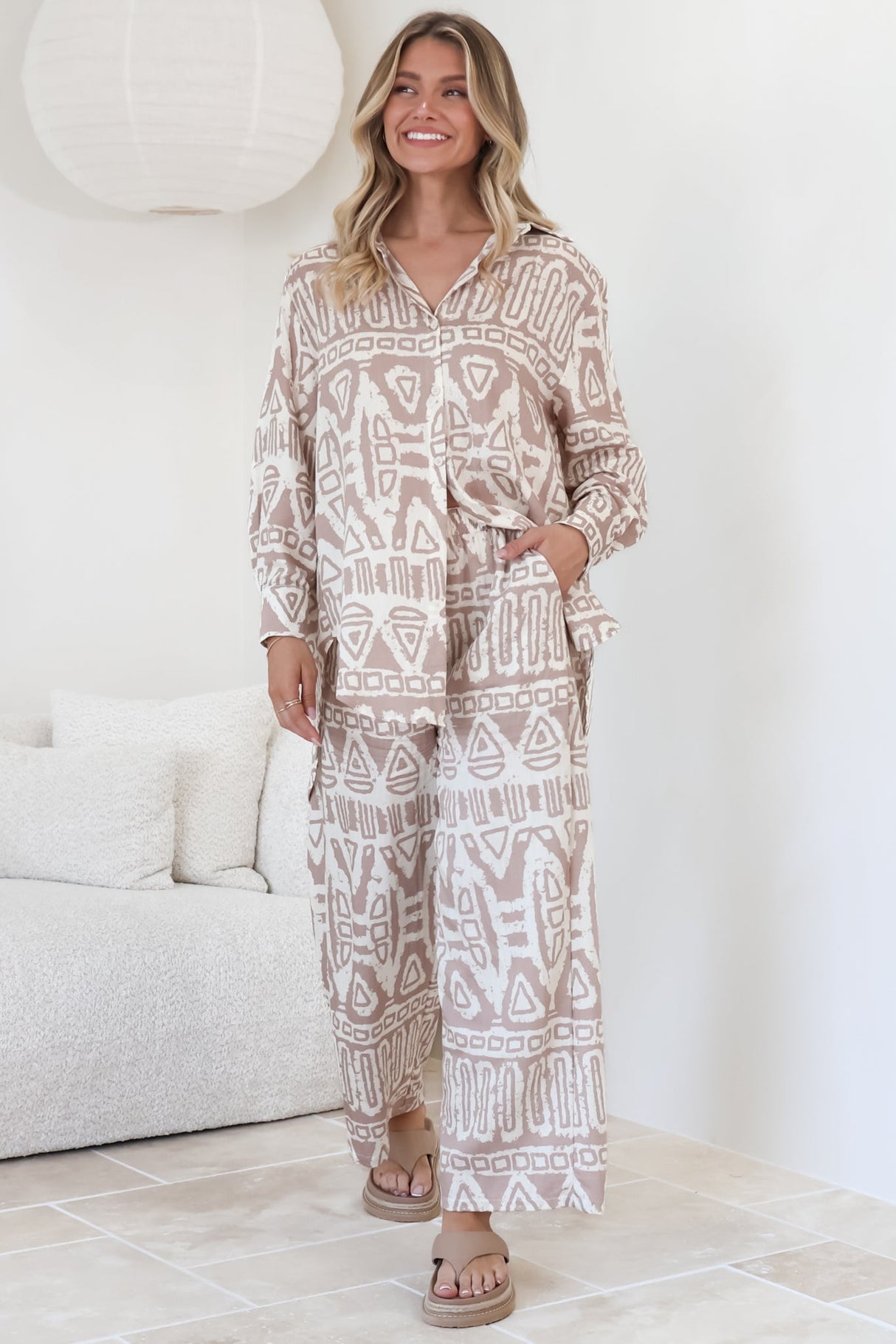 Sibelle Set - Collared Button Down Shirt and Pant Set in Sonnet Print Blush