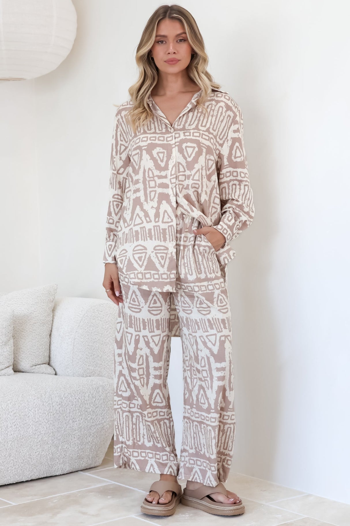Sibelle Set - Collared Button Down Shirt and Pant Set in Sonnet Print Blush
