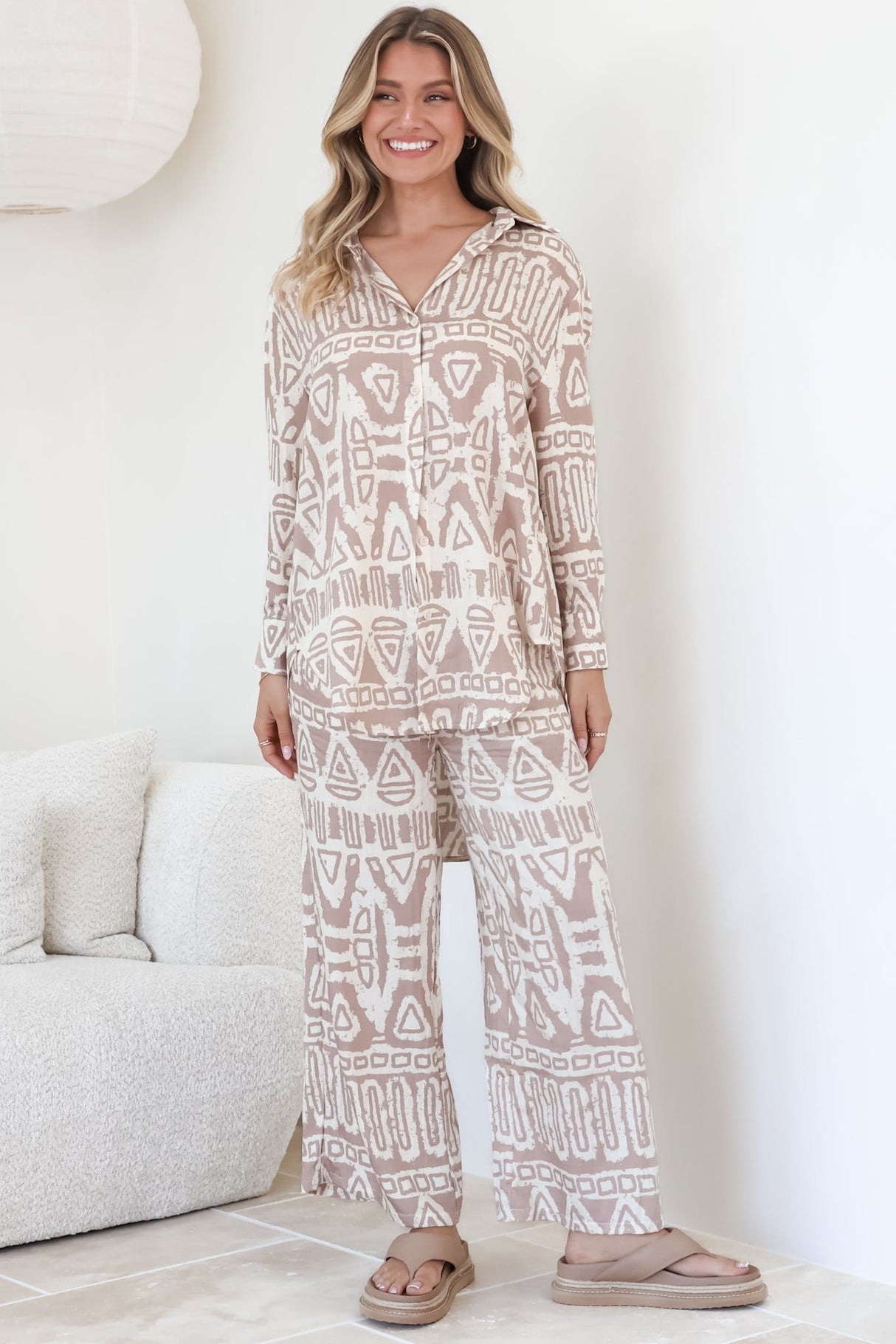 Sibelle Set - Collared Button Down Shirt and Pant Set in Sonnet Print Blush