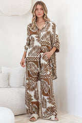 Sibelle Set - Collared Button Down Shirt and Pant Set in Sunny Print Coffee