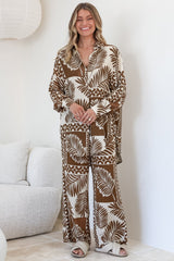 Sibelle Set - Collared Button Down Shirt and Pant Set in Sunny Print Coffee