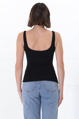 Sidney Singlet - Thin Strap Square Neckline Double Layered Singlet in Black