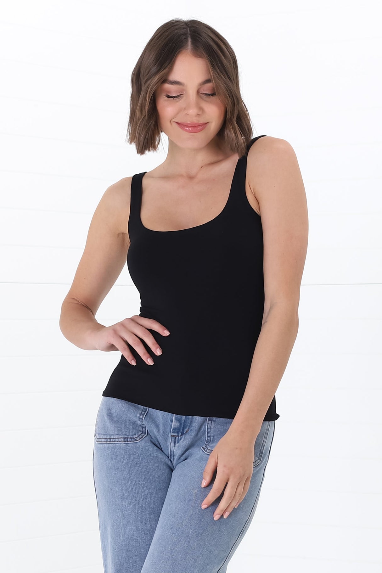 Sidney Singlet - Thin Strap Square Neckline Double Layered Singlet in Black