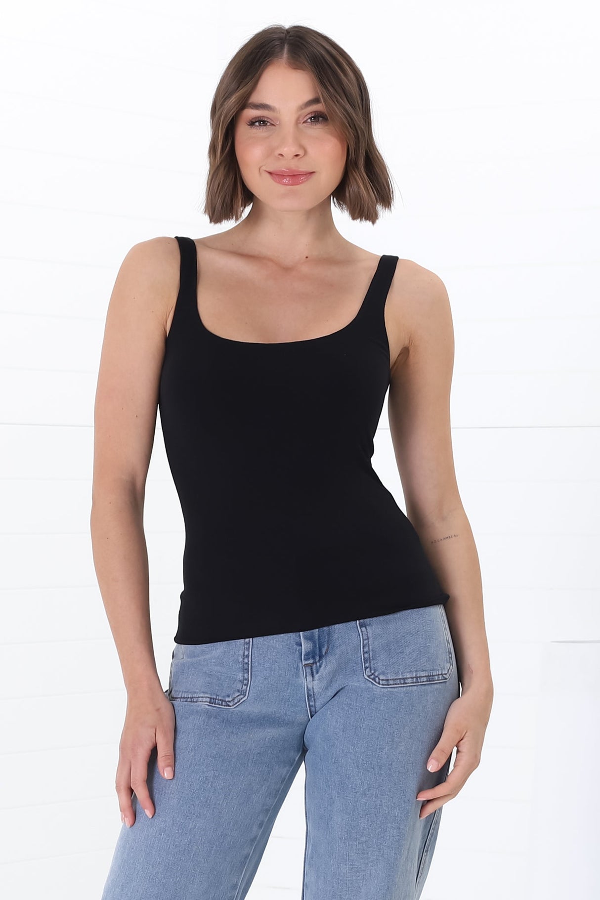 Sidney Singlet - Thin Strap Square Neckline Double Layered Singlet in Black