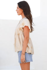 Siempre Top - Mandarin Collar Peplum Hem Top in Gigi Print Beige